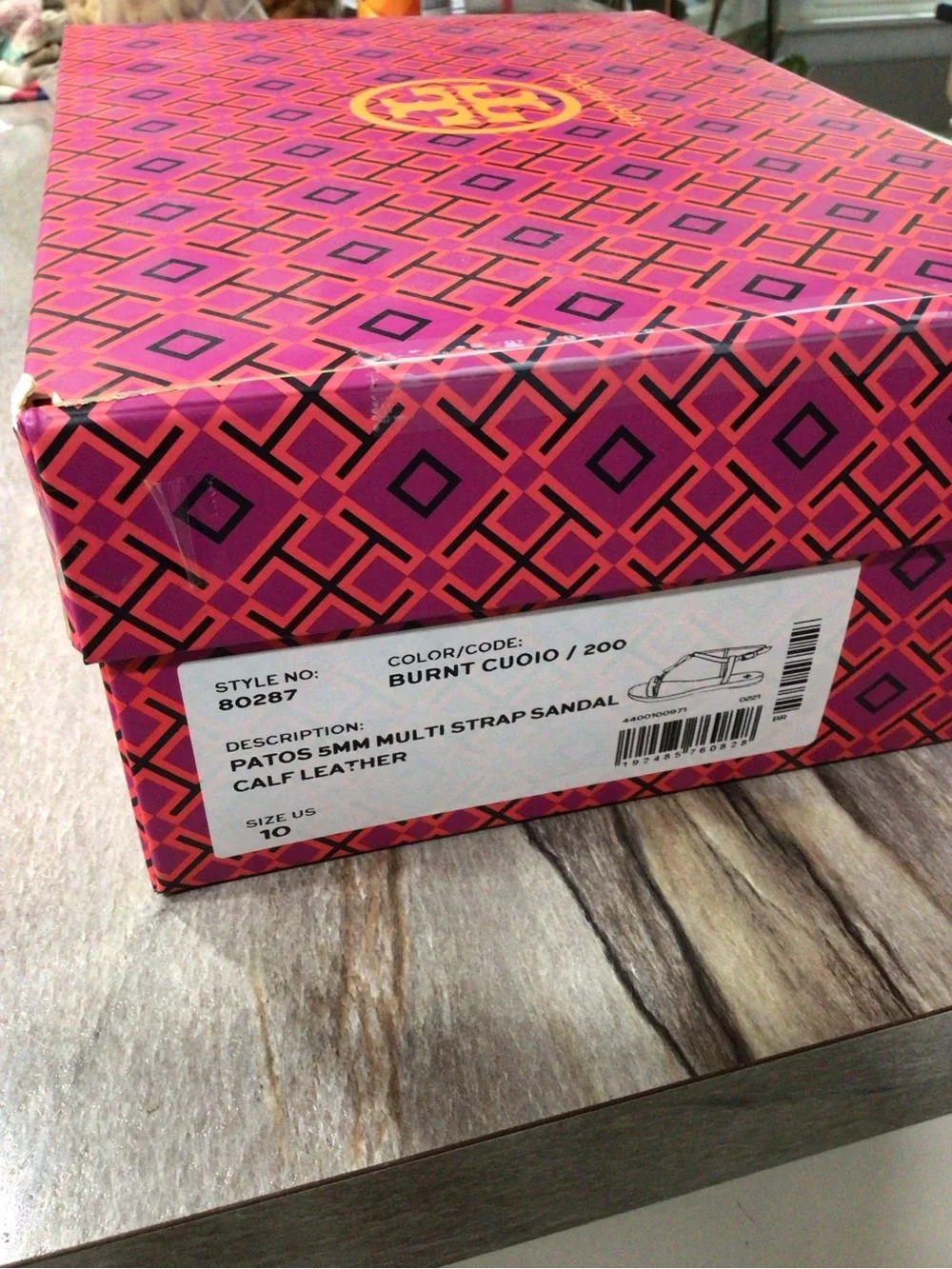 Tory Burch Patos Brown Gold Medallion Leather Flat Sandals Size 10M NIB 80287